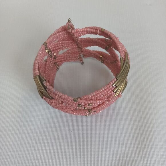 Sonoma Life + Style Coral Pink & Gold Toned Seed Beaded Cuff Fashion Bracelet - Picture 2 of 8
